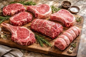 разные куски мяса для гриля стейки и толстые куски